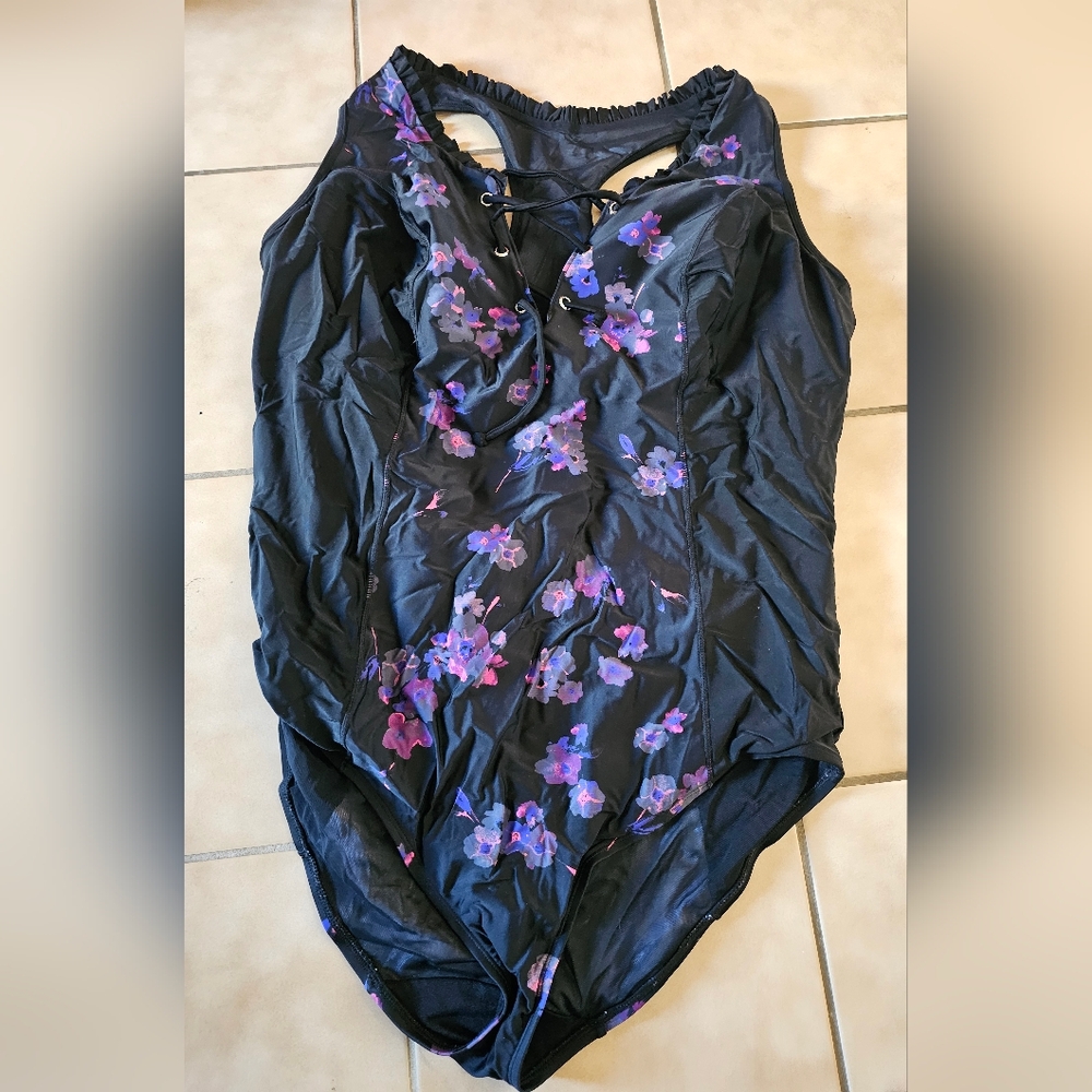 Black Swimsuit with Purple Floral Design